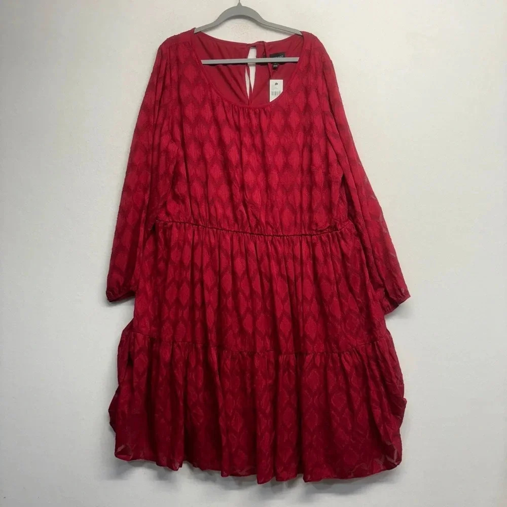 NWT Lane Bryant Midi Dress Long Sleeve Red Textured 24 Tiered